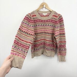 JCrew Fair Isle Sweater Small Puff Sleeve Cherry Pink Dainty Coquette Lambswool